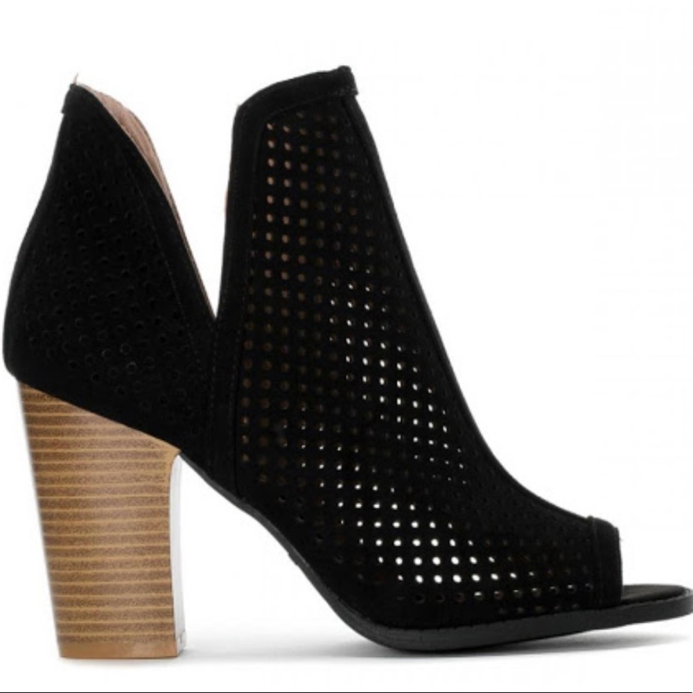 Lucky Brand Livey Black Peep Toe Suede Bootie 3.5” Stacked Block Heel Size 11M - Picture 3 of 15